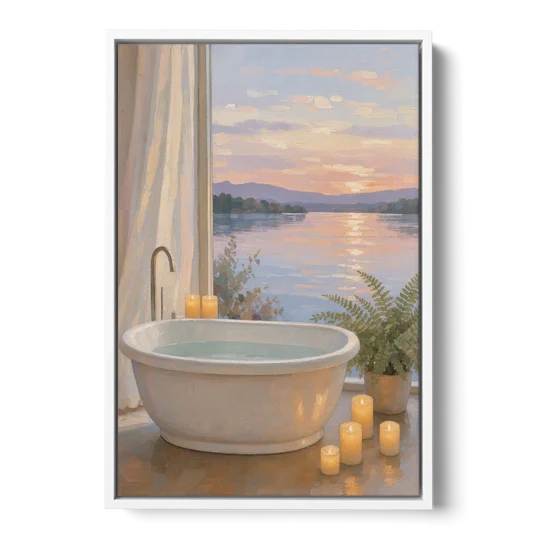 Lakeside Candlelit Soak for the Spa Bathroom - White Framed Canvas Wall Art - Front