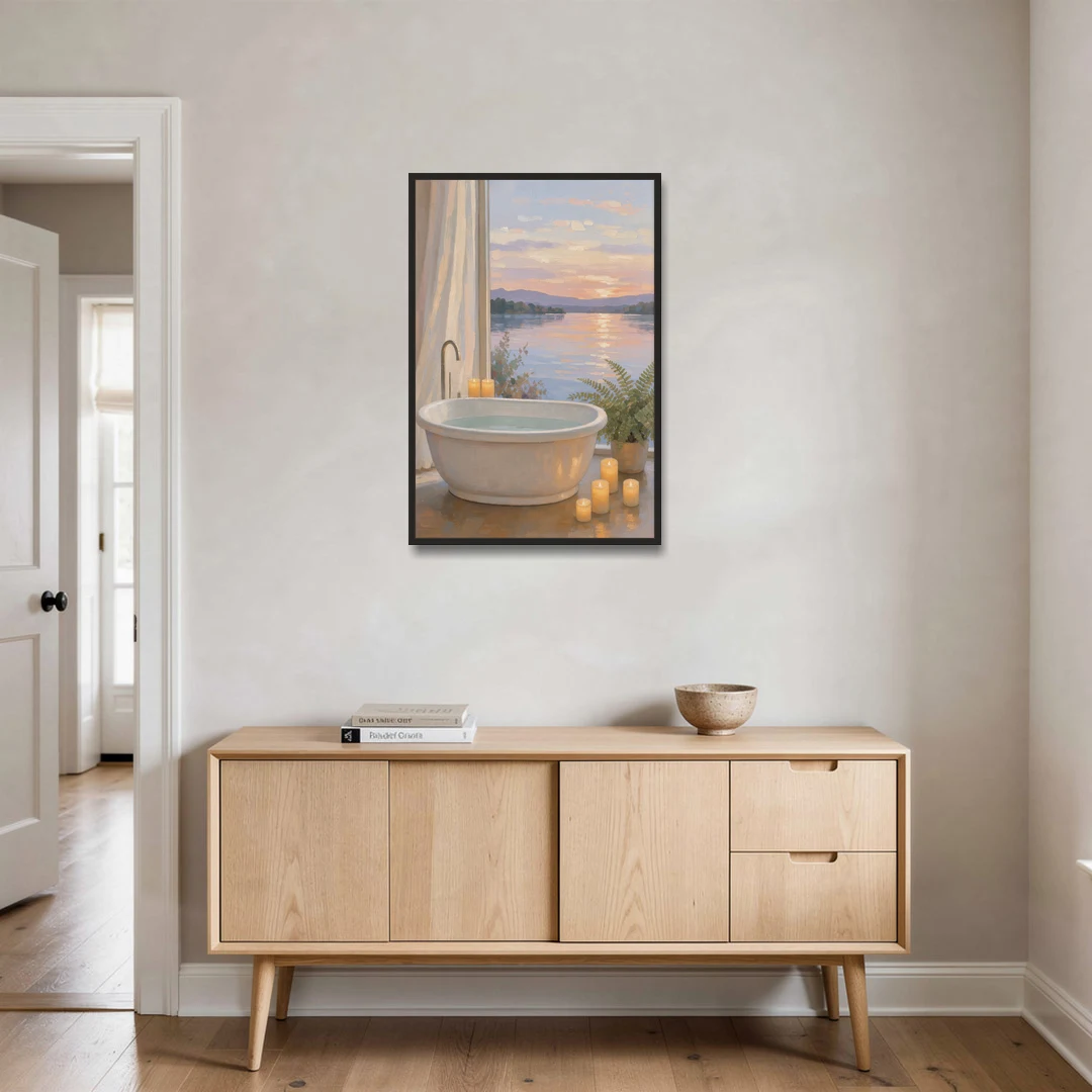 Lakeside Candlelit Soak for the Spa Bathroom - Black Framed Canvas Wall Art - Coffee Table - 24x36
