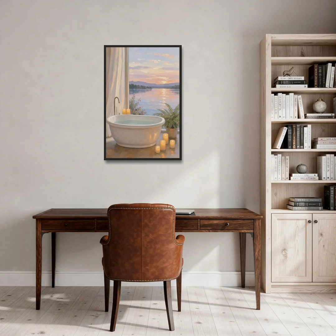 Lakeside Candlelit Soak for the Spa Bathroom - Black Framed Canvas Wall Art - Office - 24x36