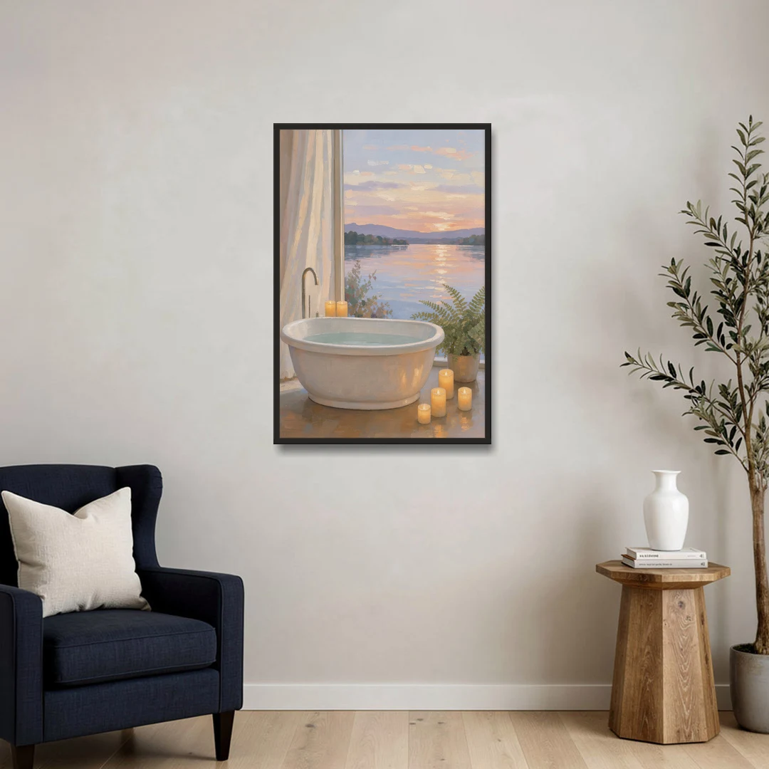 Lakeside Candlelit Soak for the Spa Bathroom - Black Framed Canvas Wall Art - Sofa - 24x36