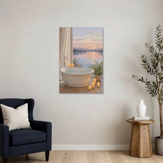 Lakeside Candlelit Soak for the Spa Bathroom - Canvas Wall Art - Sofa - 24x36