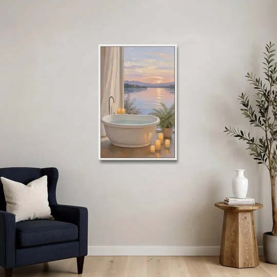 Lakeside Candlelit Soak for the Spa Bathroom - White Framed Canvas Wall Art - Sofa - 24x36