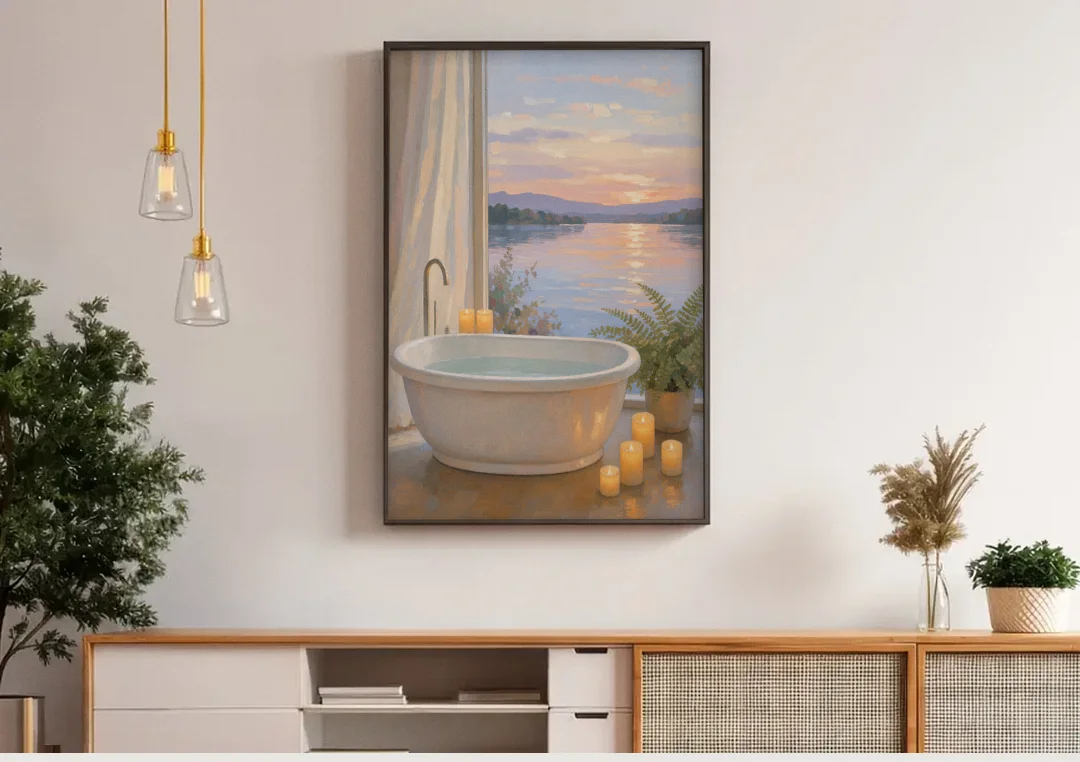Lakeside Candlelit Soak for the Spa Bathroom canvas wall art above a wooden sideboard under pendant lights