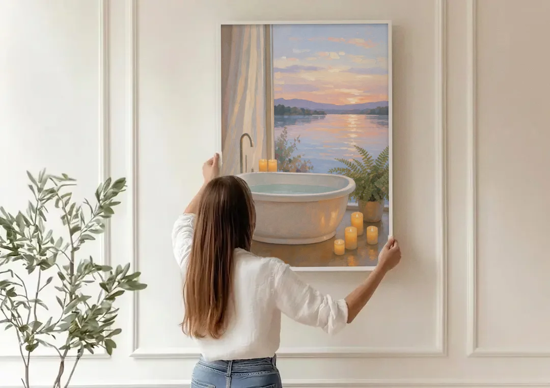 Lakeside Candlelit Soak for the Spa Bathroom canvas wall art being hung on a paneled wall