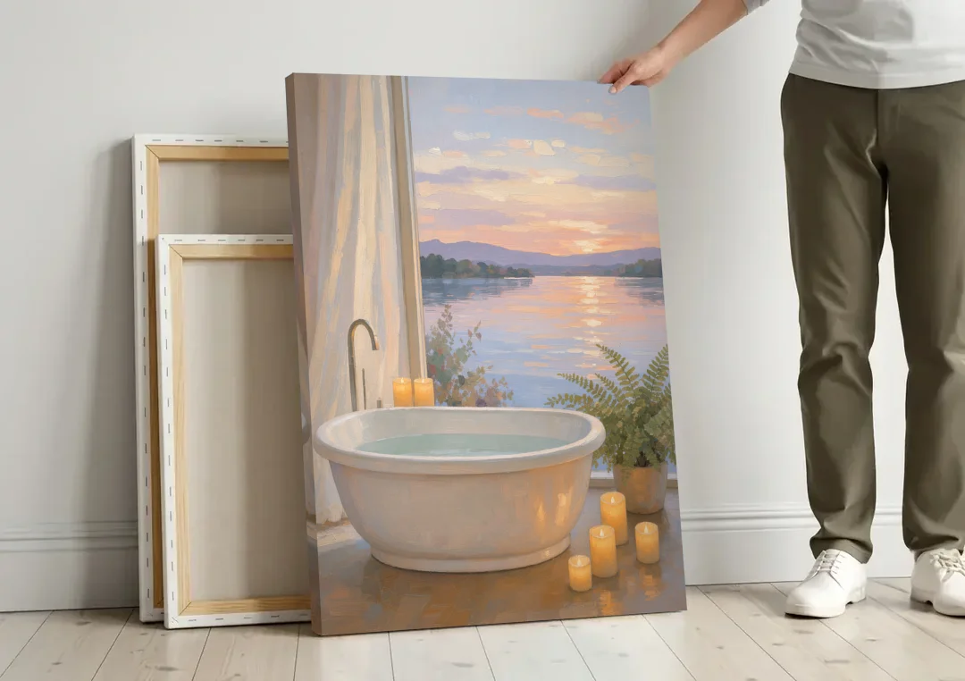 Lakeside Candlelit Soak for the Spa Bathroom canvas wall art leaning against a wall next to blank canvases