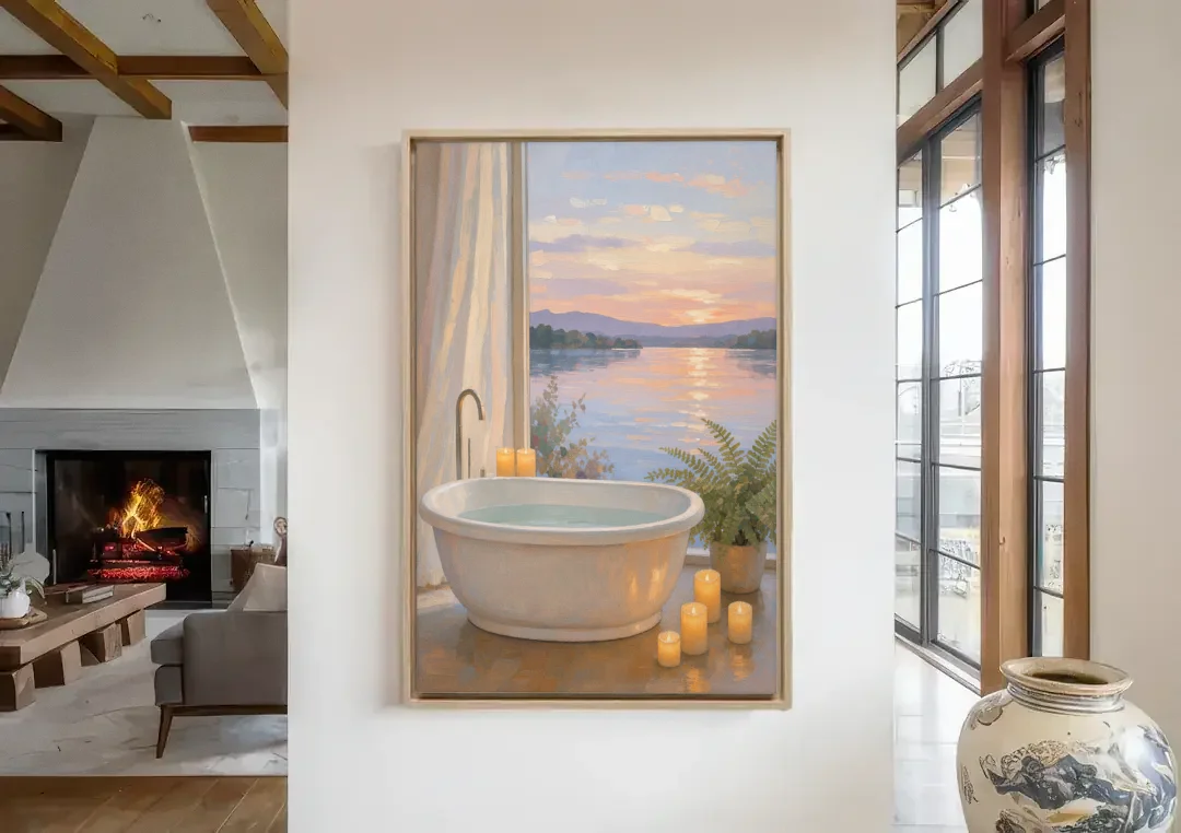 Lakeside Candlelit Soak for the Spa Bathroom canvas wall art in a living room with a fireplace