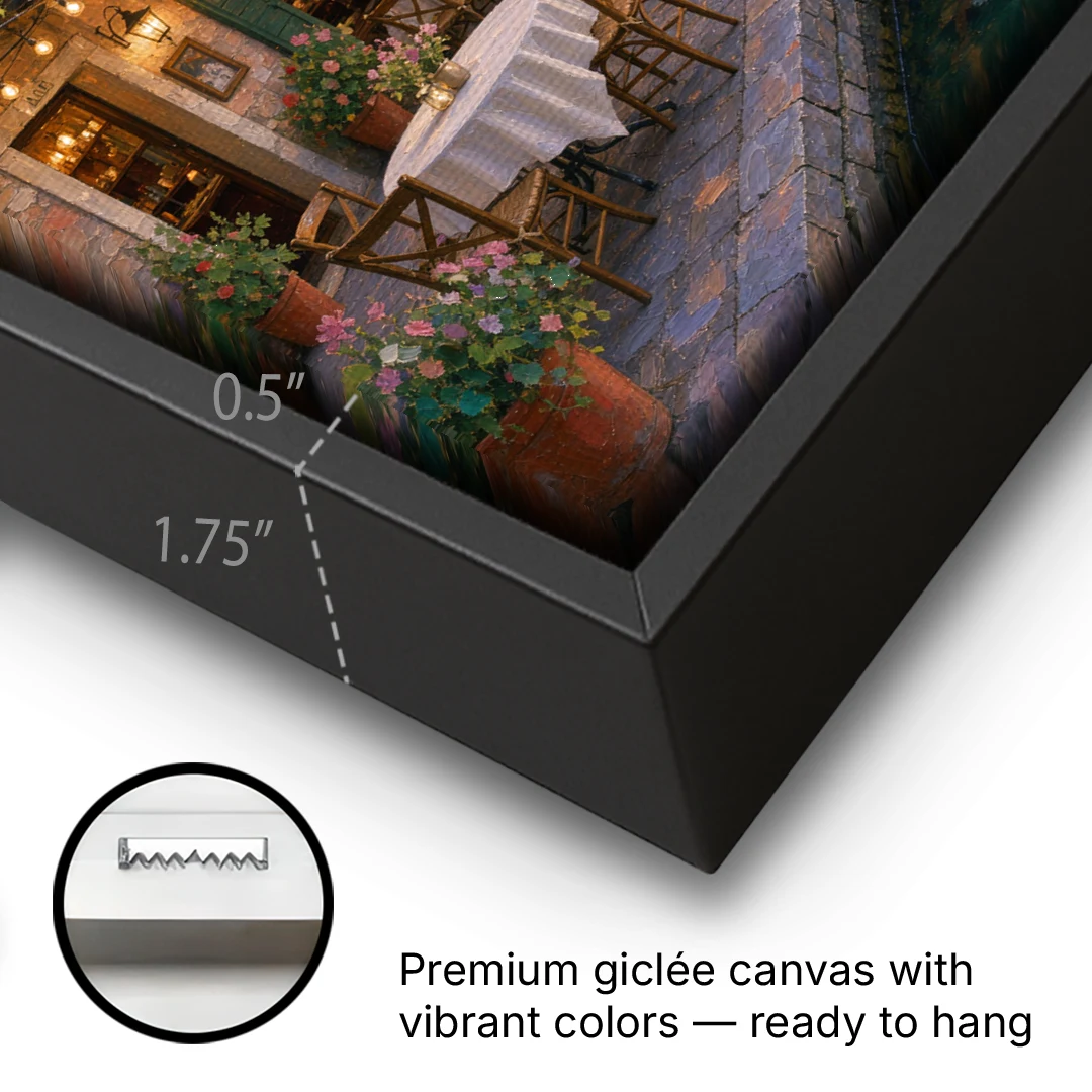 Lakeside Trattoria Under String Lights - Black Framed Canvas Wall Art - Gallery Wrap Corner