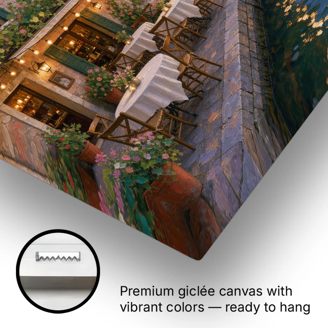 Lakeside Trattoria Under String Lights - Canvas Wall Art - Gallery Wrap Corner