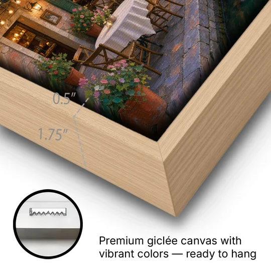 Lakeside Trattoria Under String Lights - Oak Framed Canvas Wall Art - Gallery Wrap Corner
