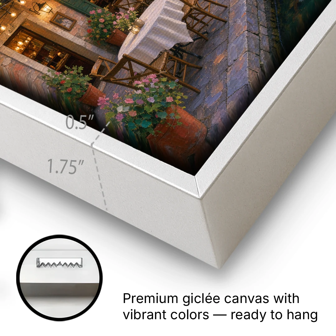 Lakeside Trattoria Under String Lights - White Framed Canvas Wall Art - Gallery Wrap Corner