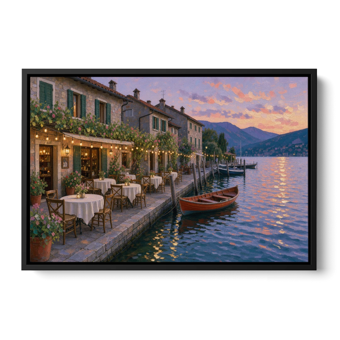 Lakeside Trattoria Under String Lights - Black Framed Canvas Wall Art - Front