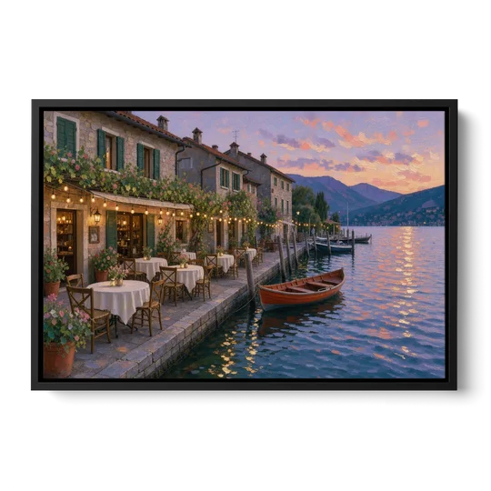 Lakeside Trattoria Under String Lights - Black Framed Canvas Wall Art - Front