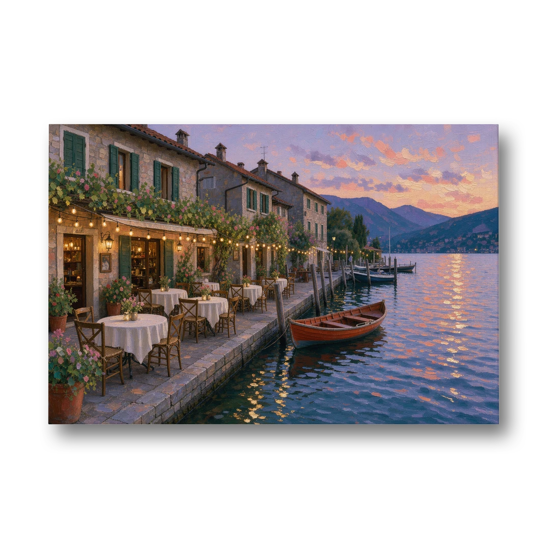 Lakeside Trattoria Under String Lights - Canvas Wall Art - Front