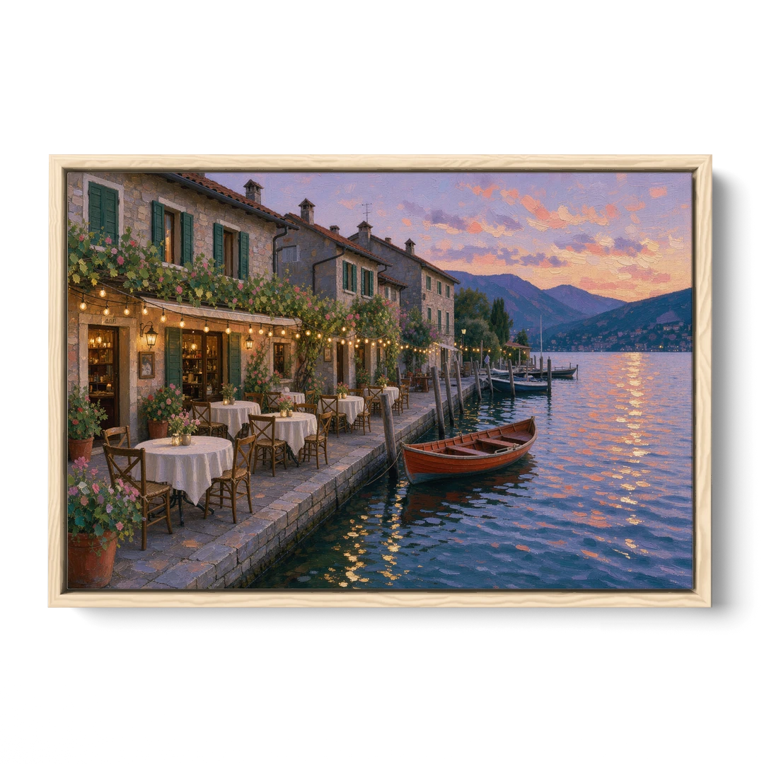 Lakeside Trattoria Under String Lights - Oak Framed Canvas Wall Art - Front