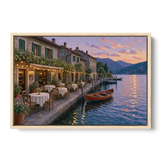 Lakeside Trattoria Under String Lights - Oak Framed Canvas Wall Art - Front