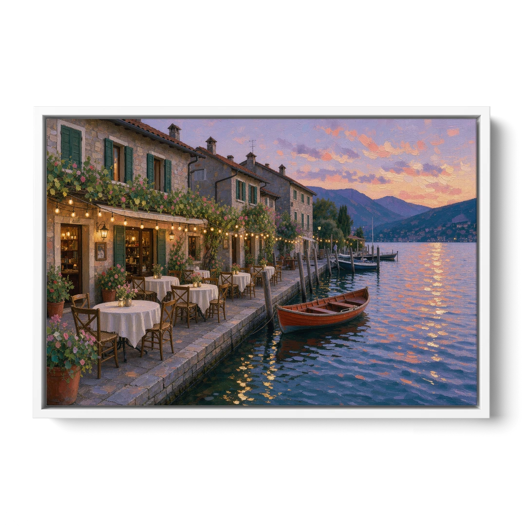Lakeside Trattoria Under String Lights - White Framed Canvas Wall Art - Front