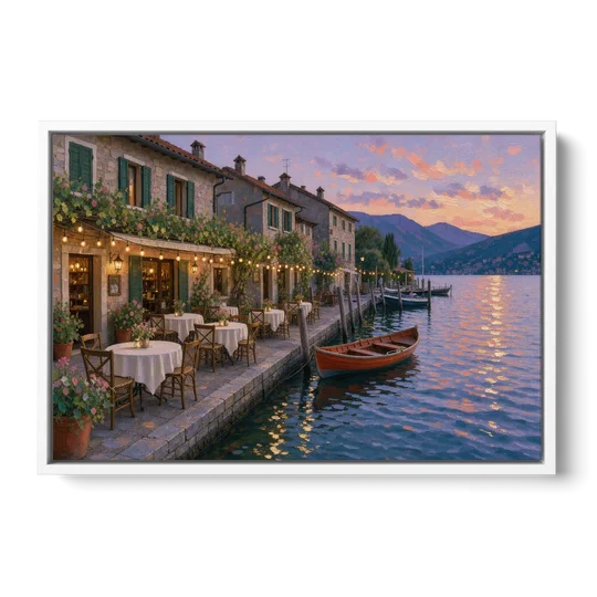 Lakeside Trattoria Under String Lights - White Framed Canvas Wall Art - Front
