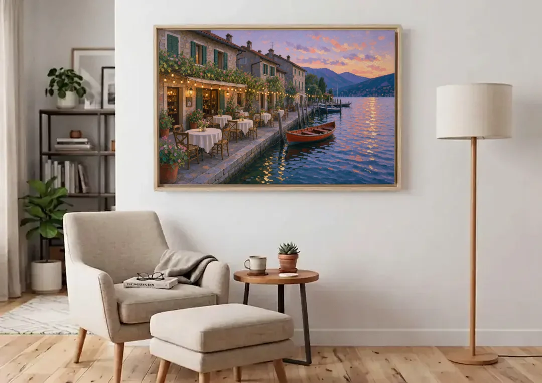 Lakeside Trattoria Under String Lights canvas wall art above an armchair in a bright living room