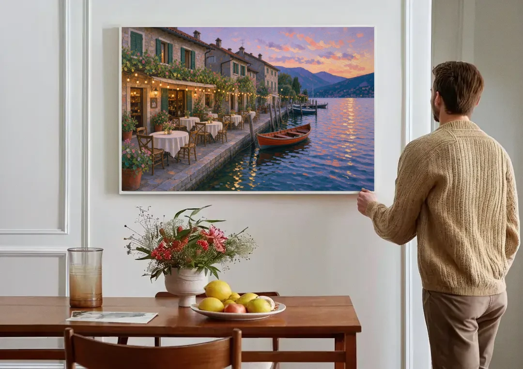 Lakeside Trattoria Under String Lights canvas wall art above a dining table