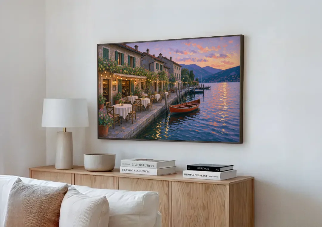 Lakeside Trattoria Under String Lights canvas wall art above a wooden sideboard next to a sofa