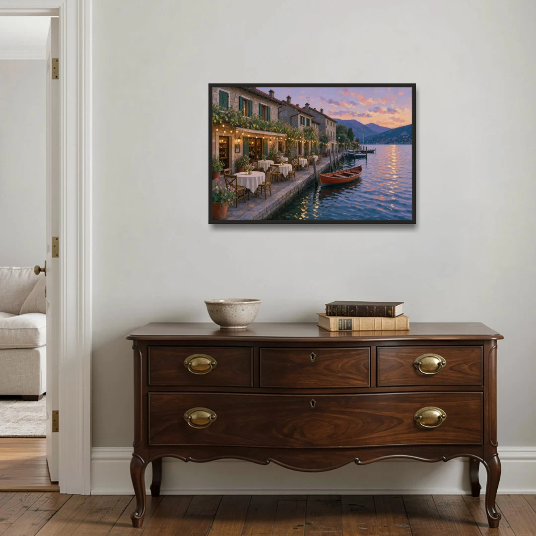 Lakeside Trattoria Under String Lights - Black Framed Canvas Wall Art - Coffee Table - 36x24