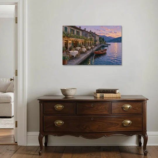 Lakeside Trattoria Under String Lights - Canvas Wall Art - Coffee Table - 36x24