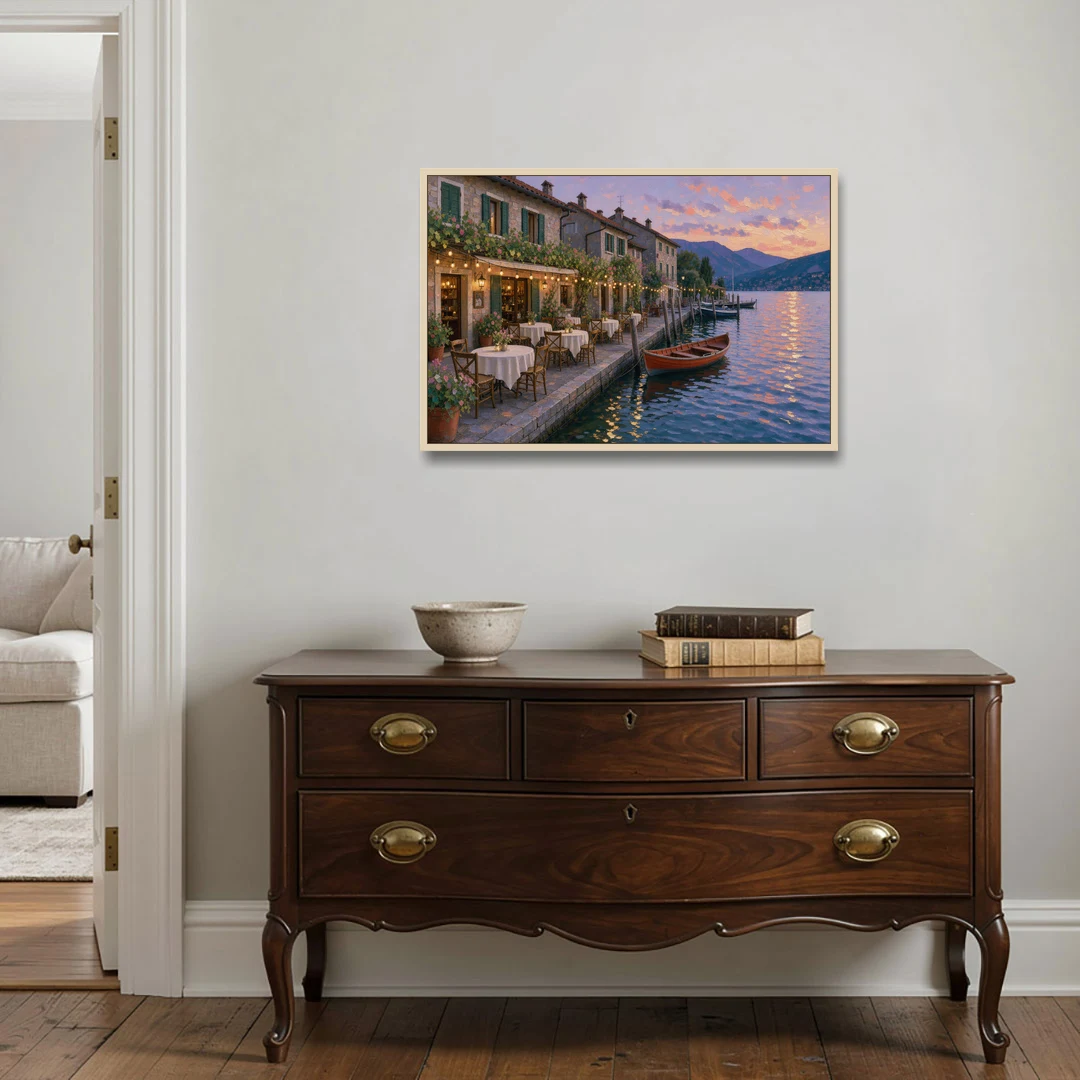 Lakeside Trattoria Under String Lights - Oak Framed Canvas Wall Art - Coffee Table - 36x24