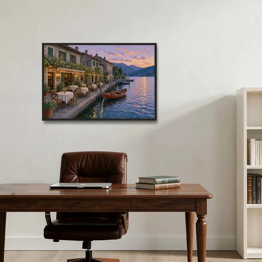 Lakeside Trattoria Under String Lights - Black Framed Canvas Wall Art - Office - 36x24