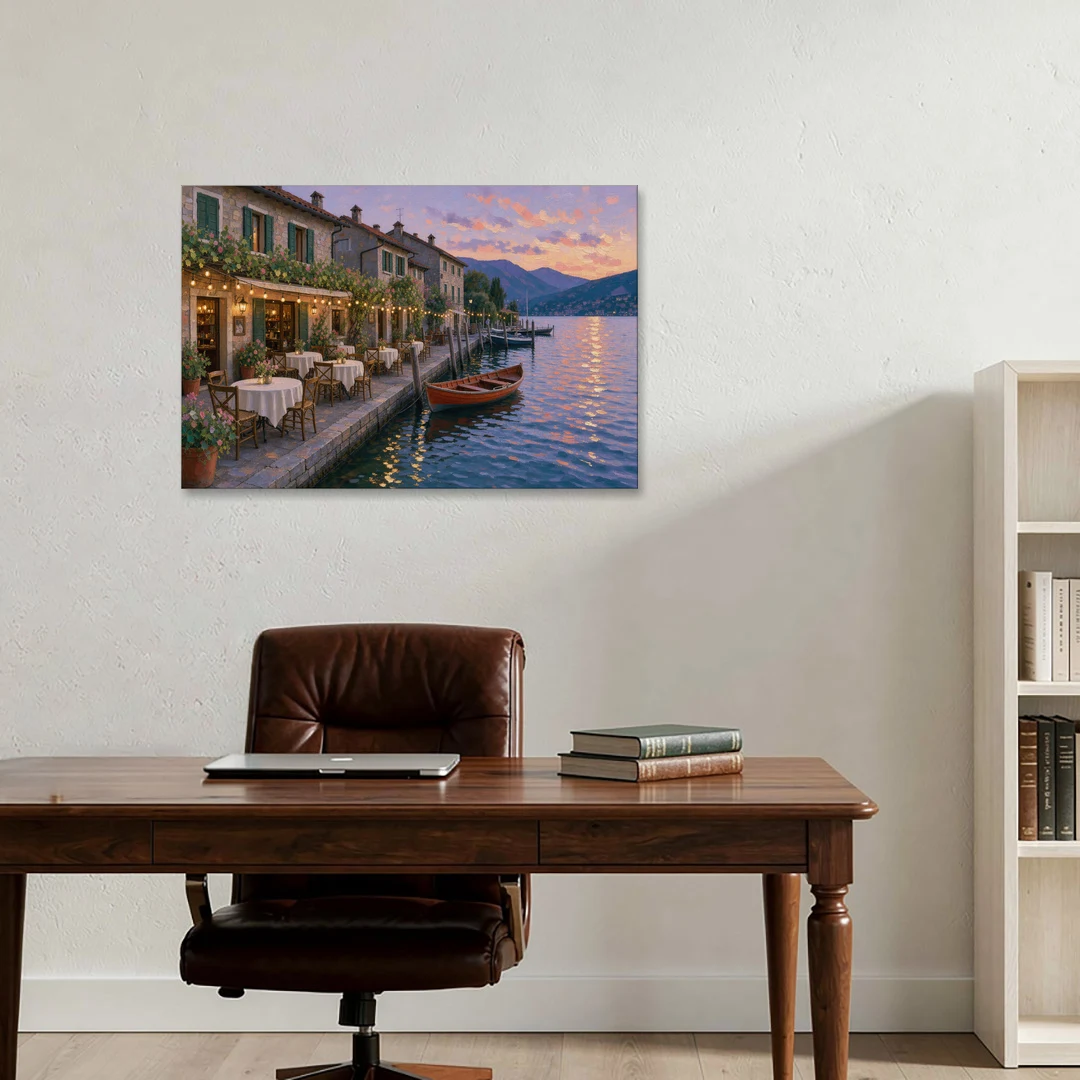 Lakeside Trattoria Under String Lights - Canvas Wall Art - Office - 36x24