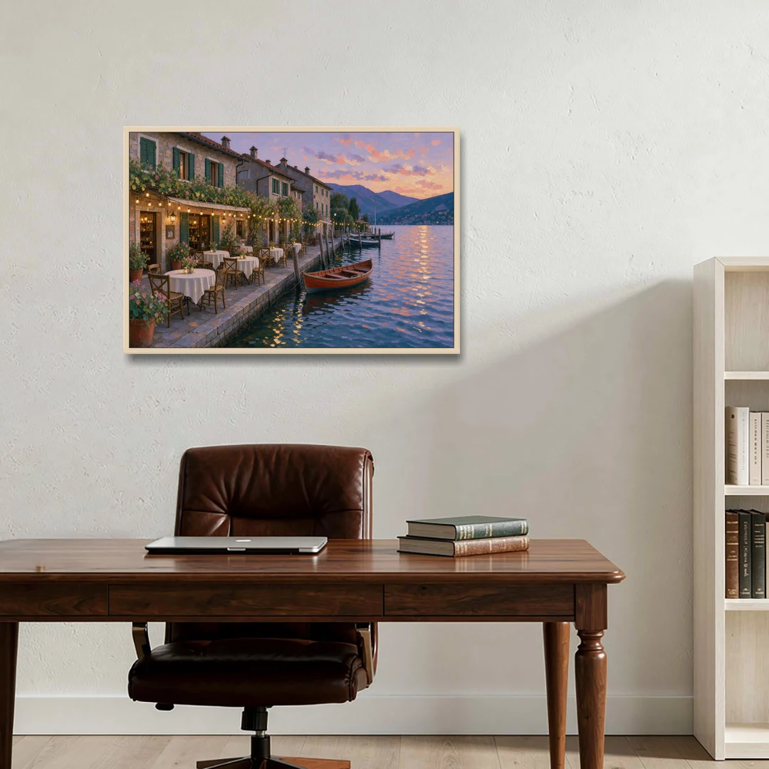 Lakeside Trattoria Under String Lights - Oak Framed Canvas Wall Art - Office - 36x24