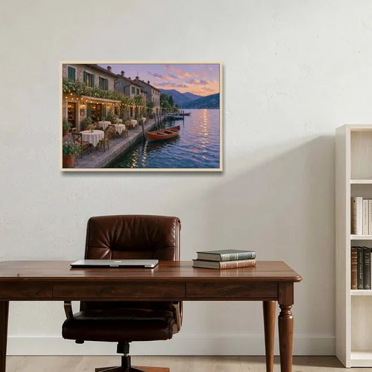 Lakeside Trattoria Under String Lights - Oak Framed Canvas Wall Art - Office - 36x24