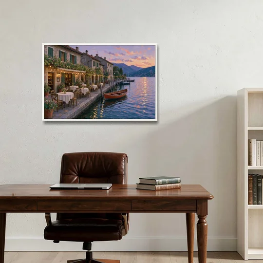 Lakeside Trattoria Under String Lights - White Framed Canvas Wall Art - Office - 36x24