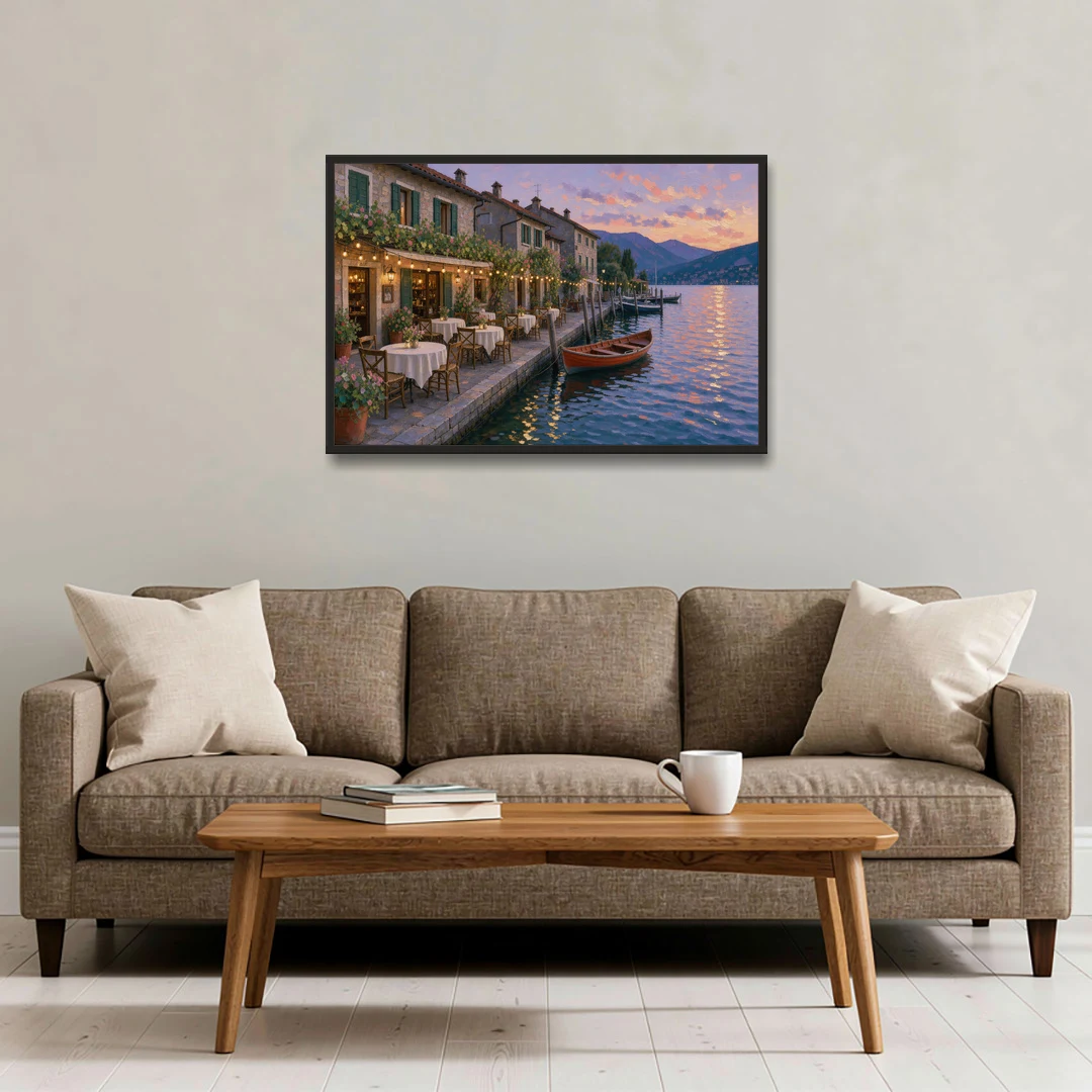 Lakeside Trattoria Under String Lights - Black Framed Canvas Wall Art - Sofa - 36x24