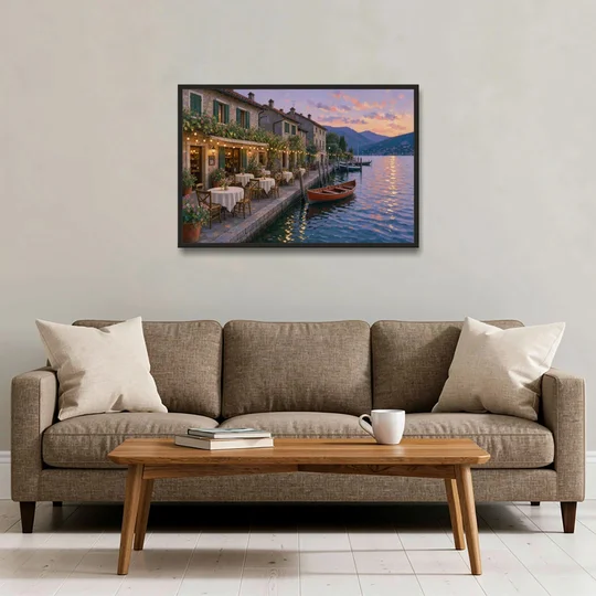Lakeside Trattoria Under String Lights - Black Framed Canvas Wall Art - Sofa - 36x24