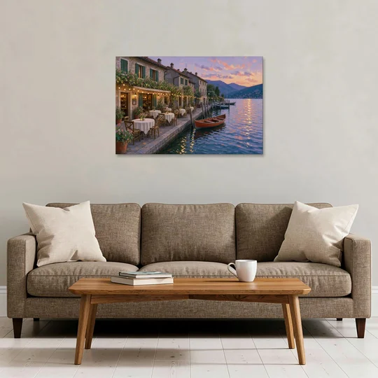 Lakeside Trattoria Under String Lights - Canvas Wall Art - Sofa - 36x24