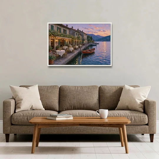 Lakeside Trattoria Under String Lights - White Framed Canvas Wall Art - Sofa - 36x24