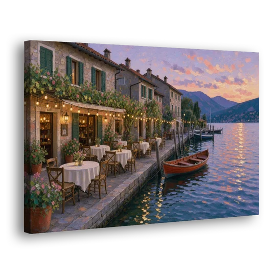 Lakeside Trattoria Under String Lights - Canvas Wall Art - Side