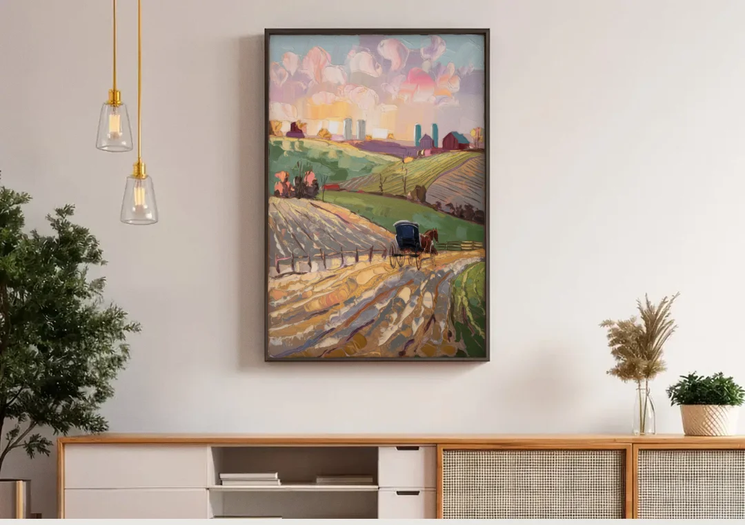 Lancaster Amish Farmlands canvas wall art above a wooden sideboard under pendant lights