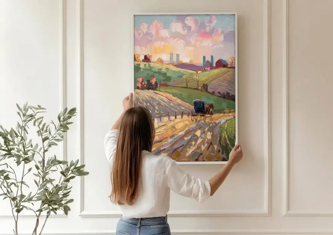 Lancaster Amish Farmlands canvas wall art being hung on a paneled wall