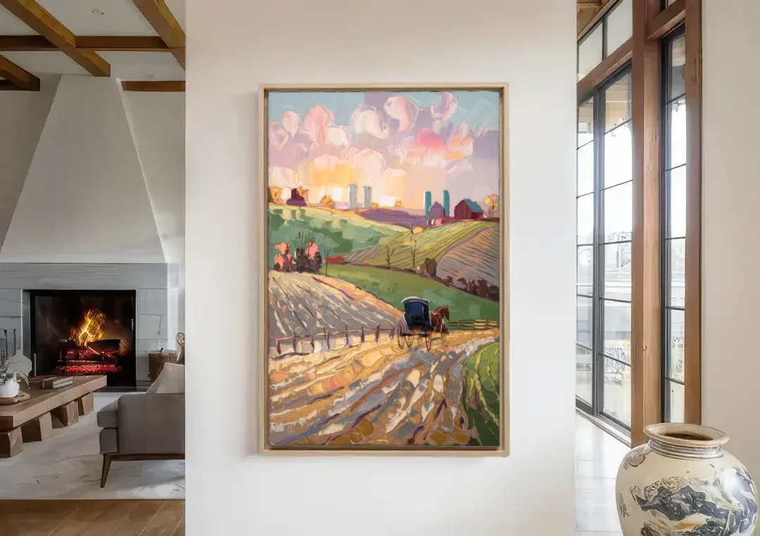 Lancaster Amish Farmlands canvas wall art in a living room with a fireplace