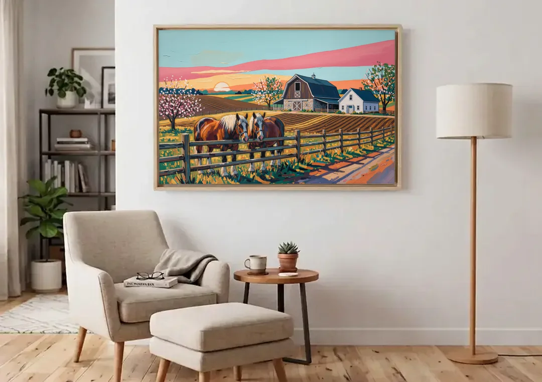 Lancaster Amish Farmlands Experience canvas wall art above an armchair in a bright living room