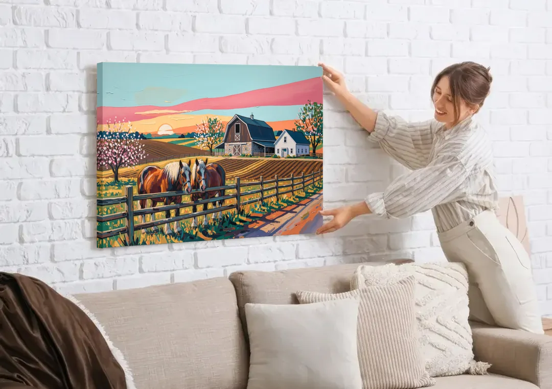 Lancaster Amish Farmlands Experience canvas wall art being hung on a white brick wall above a sofa