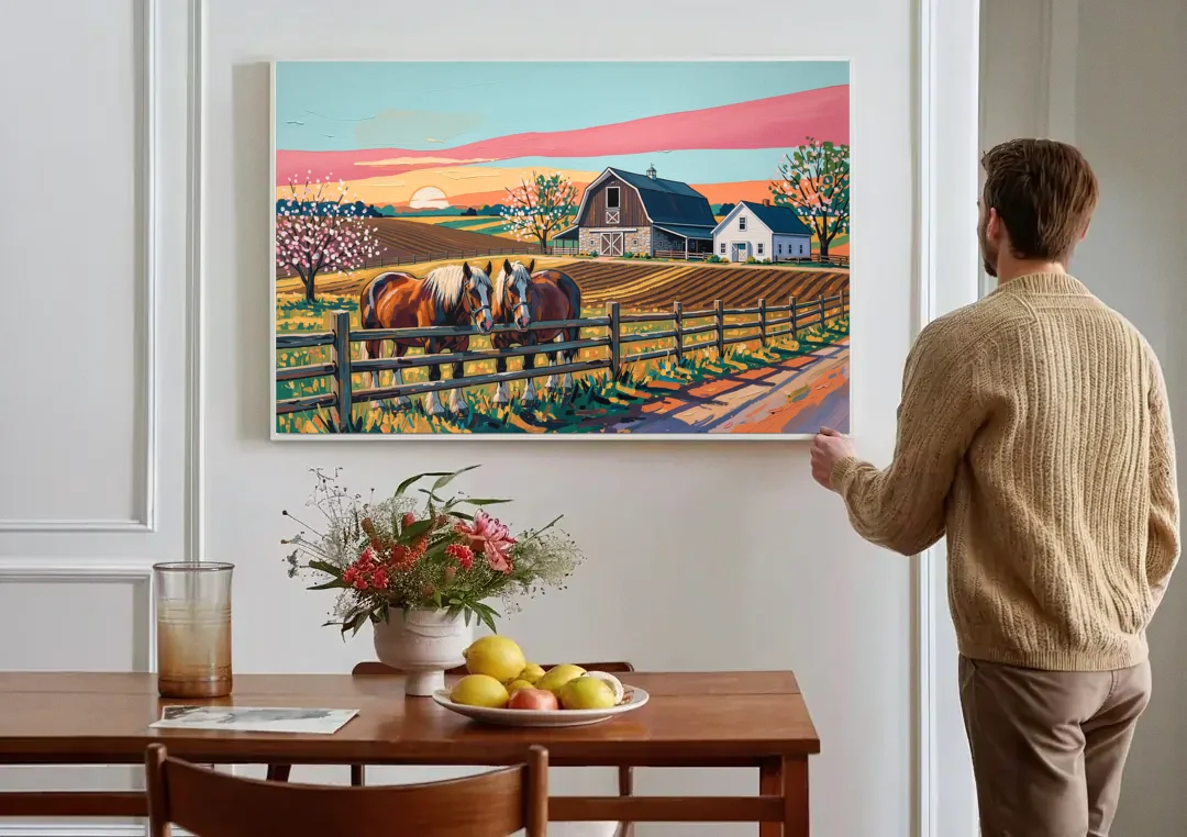 Lancaster Amish Farmlands Experience canvas wall art above a dining table