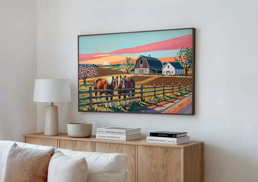 Lancaster Amish Farmlands Experience canvas wall art above a wooden sideboard next to a sofa