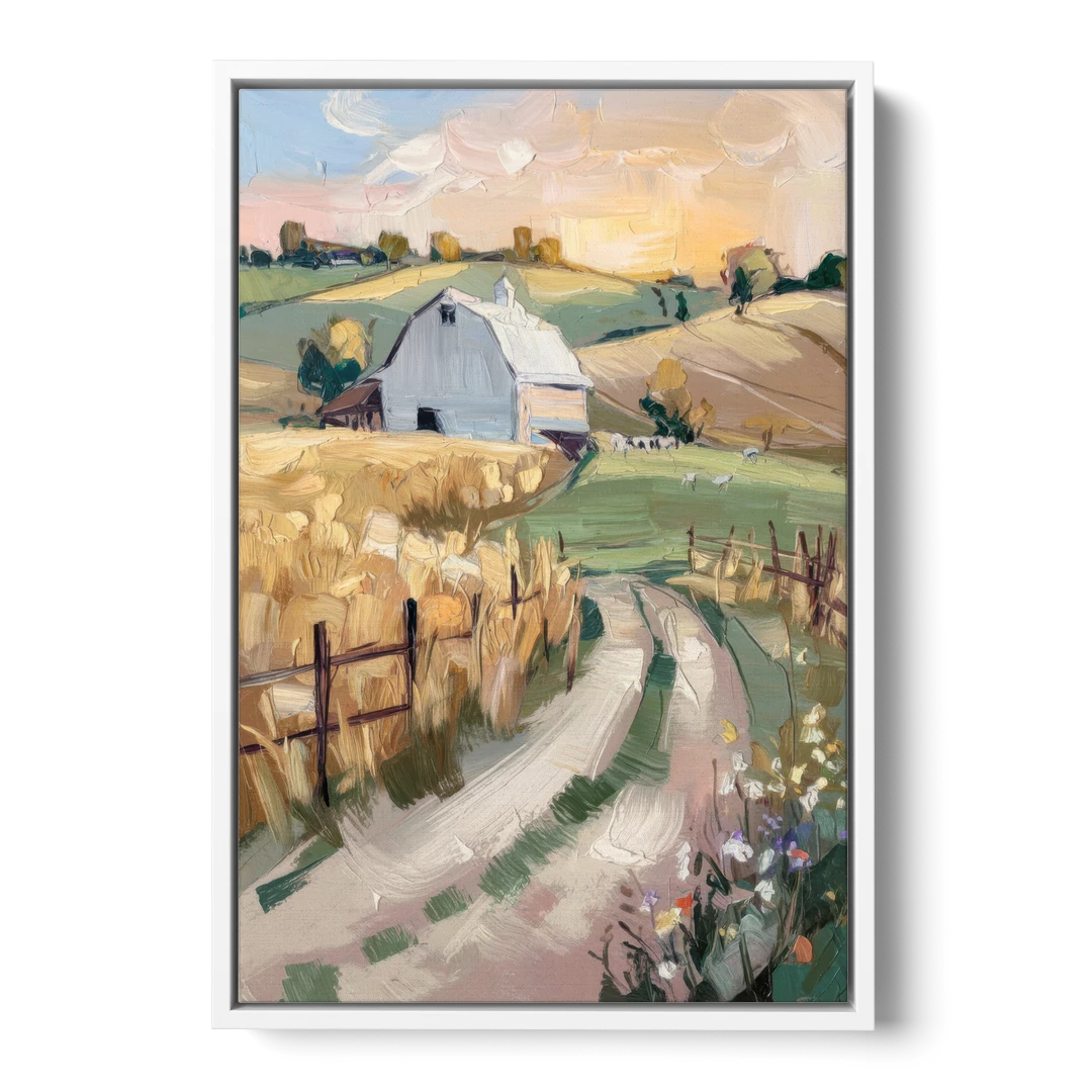 Lancaster Barns and Fields - White Framed Canvas Wall Art - Front