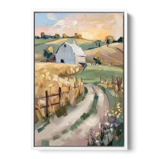 Lancaster Barns and Fields - White Framed Canvas Wall Art - Front