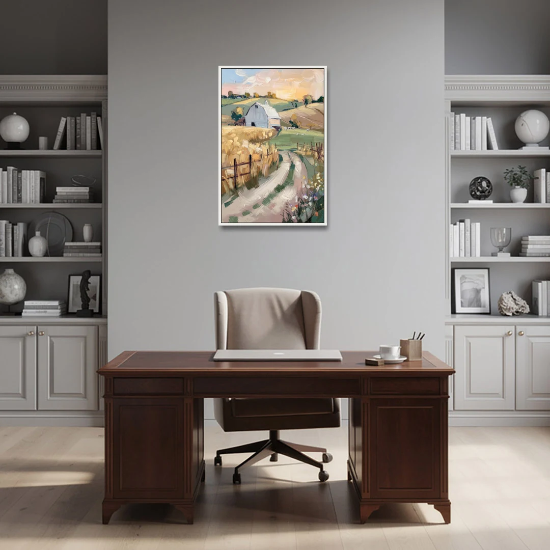Lancaster Barns and Fields - White Framed Canvas Wall Art - Office - 24x36