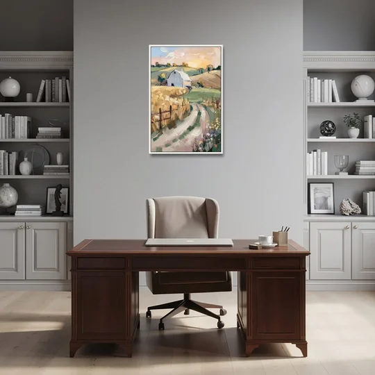 Lancaster Barns and Fields - White Framed Canvas Wall Art - Office - 24x36