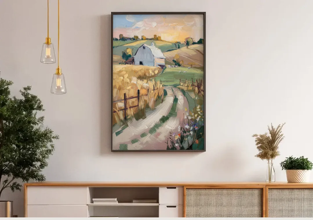 Lancaster Barns and Fields canvas wall art above a wooden sideboard under pendant lights