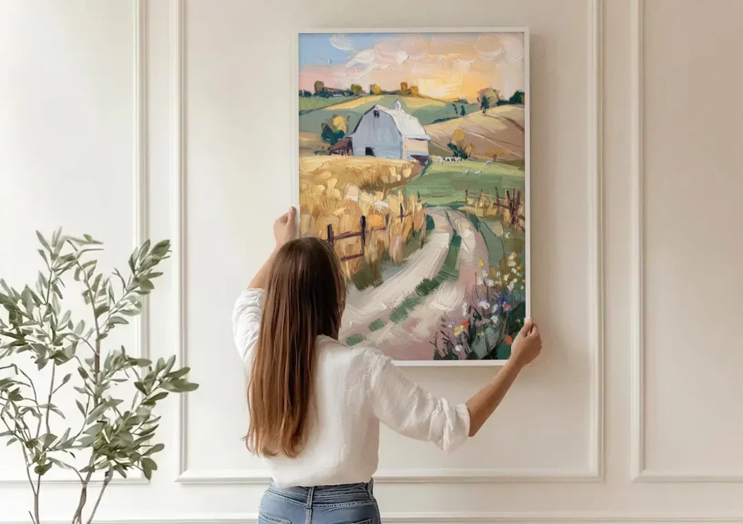 Lancaster Barns and Fields canvas wall art being hung on a paneled wall